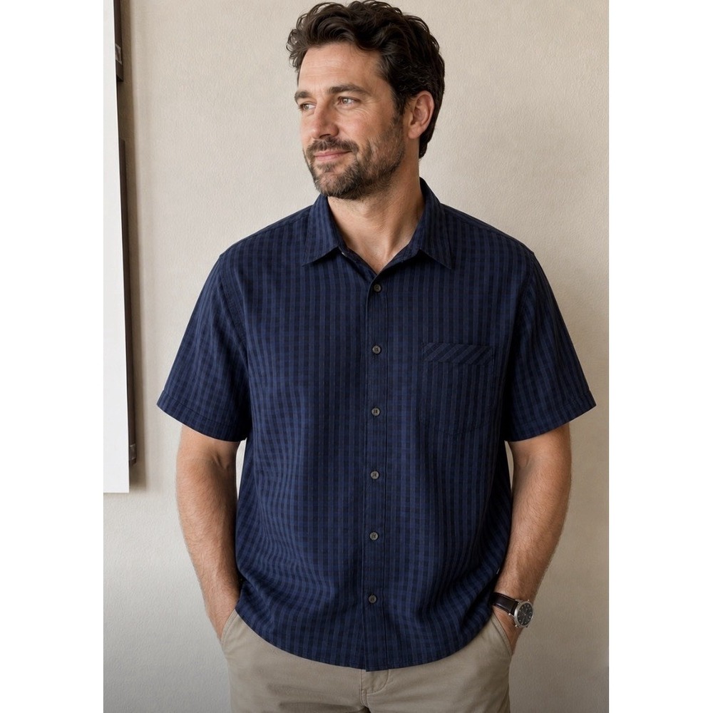 James Campbell Black Gingham Plaid Short Sleeve Cotton Button Front Shirt Sz XL